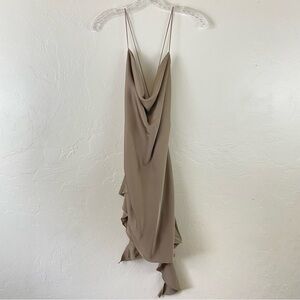 Oh Polly Size 4 Beige Satin Spaghetti Strap Ruffled Side Scoop Neck Mini Dress